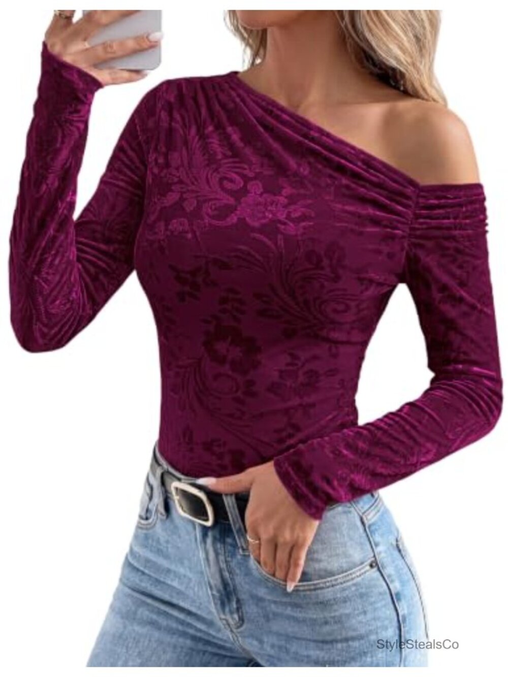 Off Shoulder Floral Mesh Blouse Long Sleeve Slim Fit Women's Top